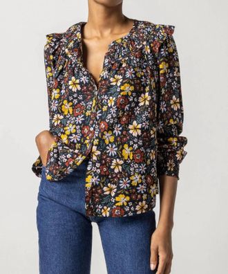 Lilla P Smocked Cuff Top In Black Floral