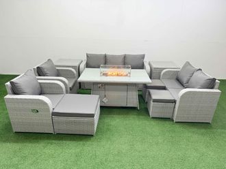 Fimous PE Rattan Garden Furniture Set Reclining Chair Sofa Double Love Seat 2 Seater Sofa Lounge Set Firepit Dining Table 3 Stools 2 Side Table Light