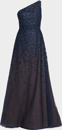 Rene Ruiz Metallic Embroidered One-Shoulder Gown