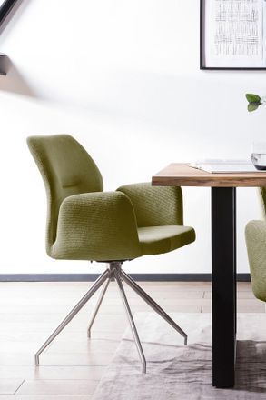 Salesfever Esszimmerstuhl »Taormina Armlehnstuhl mit silbernem Edelstahlgestell« () 1 Stk.Esszimmersessel, 180° Drehfunktion, Gestell aus rostfreiem Edelstahl