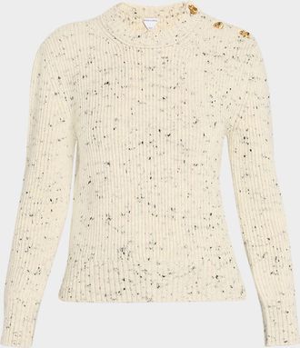 Bottega Veneta Button-Shoulder Speckled Rib Crewneck Sweater