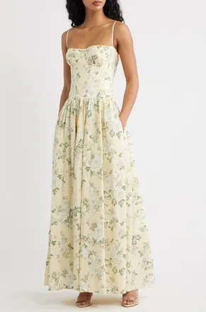 House of CB Rona Lemon Floral Stretch Cotton Maxi Sundress at Nordstrom, Size X-Small