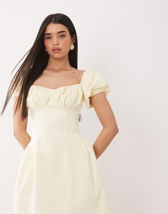 KAIIA Esclusiva Kaiia - Vestito milkmaid corto color limone in cotone con maniche a sbuffo raccolto sui fianchi-Giallo