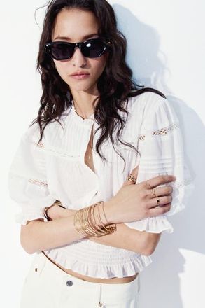 H&M Pintucked cotton blouse in White at Nordstrom, Size Large