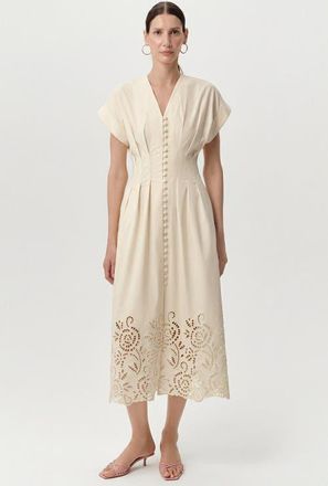 Exquise Emrick V Neck Short Sleeve Midi Dress in White at Nordstrom, Size X-Small