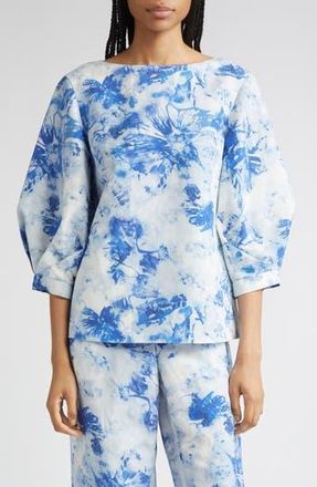 Lafayette 148 New York Floral Balloon Sleeve Silk & Linen Blouse in Blue Oasis Multi at Nordstrom Rack, Size X-Large