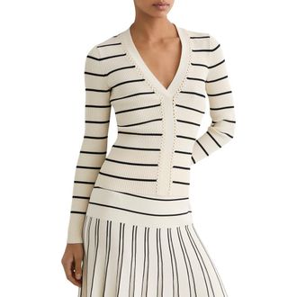 Reiss Lauralee Stripe Braid Trim Top in Ivory/Black at Nordstrom, Size X-Small
