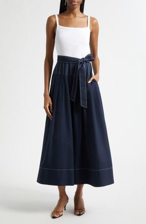 Cinq &agrave; Sept Olivia Mixed Media Midi Dress in White/navy at Nordstrom, Size Xx-Small