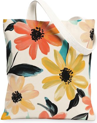 Generic Spring Daisy Flower Canvas Tote Bag for Shopping 13x15, Vintage Retro Florals Reusable Grocery Print Bag for Women, Fun Aesthetic Beach Aesthetic Pain