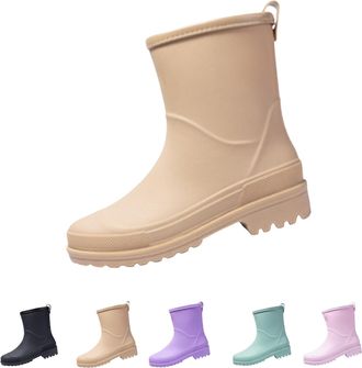 Generic Slip On Rain Boots for Womens Wellington Mid Calf Boots with Plush Lined Waterproof, Anti-Slip Ankle Snow Booties Ladies Winter Warm Outdoor Rain Shoe