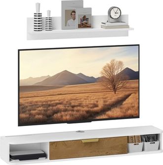 HOMCOM Homcom - Mueble De Sal&oacute;n Con Estante De Pared Mueble De Tv Armario Compartimentos Orificios Para Cables Para Televisi&oacute;n De Pared 120x24x16 Cm Blanco