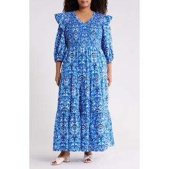 Sugarlips Lulu Floral Brighton Smocked Maxi Dress in Light-Blue-White at Nordstrom, Size 3 X