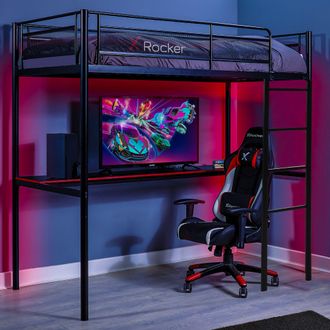 X Rocker HQ High Sleeper Bunk Bed with Large Desk & Ladder in Black | Size: Single