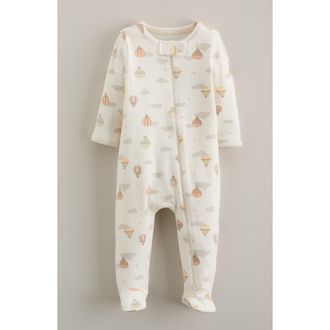 Nordstrom Print Zip Cotton Footie in Ivory Egret Hot Air Balloons at Nordstrom, Size Newborn