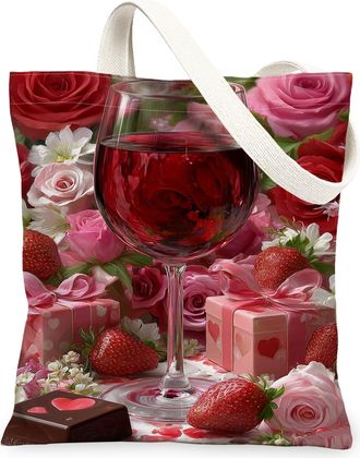 Generic Romantic Floral Canvas Tote Bags, Elegant Roses Design Reusable Grocery Bags, ValentineS Day Lightweight Washable Shoulder, Peach, 13x15 Inch