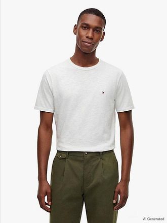 Tommy Hilfiger Flag Embroidery Textured Crew Neck T-Shirt