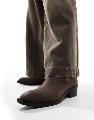 Asos heeled cuban boots in brown leather with western buckle and detail