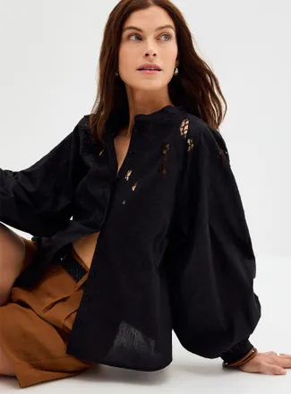 Contemporaine Womens Richelieu embroidery stand-collar blouse