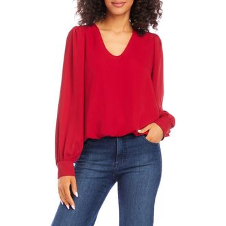 Karen Kane Puff Sleeve V-Neck Crepe Top in Red at Nordstrom, Size X-Large