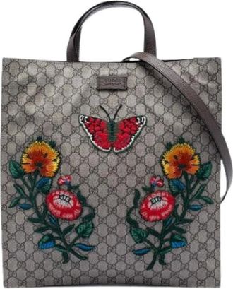 Gucci Pre-owned Tote Bags, female, Beige, Size: ONE SIZE Pre-owned Embroidered Coated Canvas Satchel