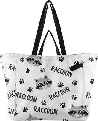 Generic Raccoon Paw Black print Reusable Canvas Tote Bag, Heavy Duty Grocery Shopping Bag with Hard Bottom Large Capacity Double Handles Work Groceries Travel