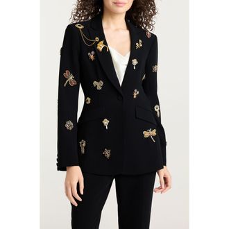 Cinq &agrave; Sept Beaded Brooches Crepe Jacket in Black at Nordstrom, Size 12