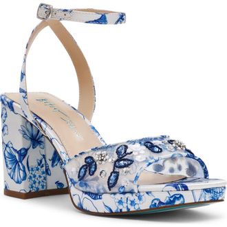 Betsey Johnson Brody Ankle Strap Platform Sandal in White/Blue Floral at Nordstrom, Size 7.5