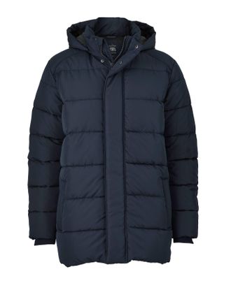 SAVILE ROW Mens Navy Hooded Puffer Jacket with Rib Knit Storm Cuffs - Size 2XL