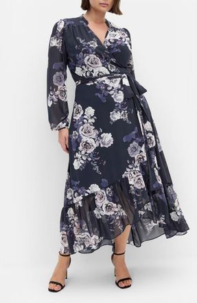 City Chic Jane Floral Print Long Sleeve Faux Wrap Maxi Dress in Navy Rosebud at Nordstrom