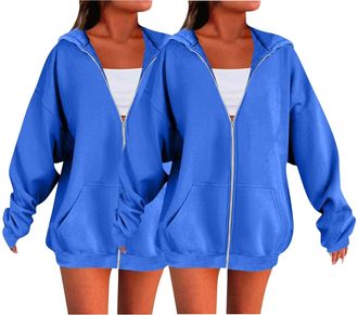 Generic 2 Piece Hoodies For Women Uk Oversized Solid Color Sweatshirts For Women Uk Ladies Zip Up Plain Hoodies Cardigans Tops Long Sleeves Casual Fashion Loo