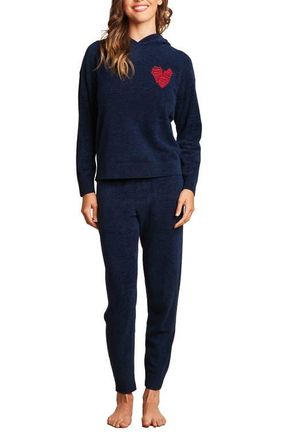 Barefoot Dreams Embroidered Heart CozyChic Ultra Lite Lounge Hoodie in Marine/scarlet at Nordstrom, Size Large