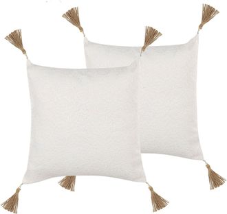 Beliani Beliani - Conjunto De 2 Cojines Decorativos Blancos Con Encaje Y Flecos Beige 45 X 45 Cm Azalea