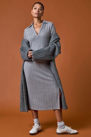 Roman Collar Ribbed Knit Midi Dress