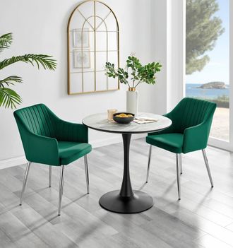 Furniturebox Elina White Marble Effect Scratch Resistant Dining Table & 2 Calla Velvet Silver Leg Chairs in Green