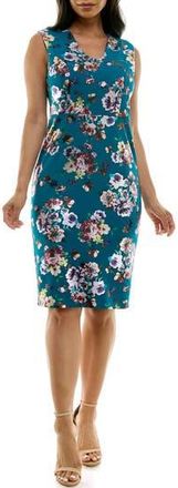 Nina Leonard Floral U Neck Sleeveless Scuba Knit Sheath Dress in Deep Lagoon Multi at Nordstrom Rack, Size X-Large