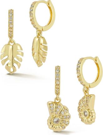 Glaze Jewelry Set of 2 Leaf & Shell Drop Huggie Hoop Earrings in Gold at Nordstrom Rack