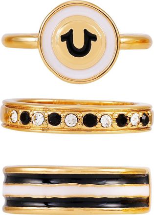 True Religion Set of 3 Stackable Signet & Band Rings in Goldtone/Jet at Nordstrom Rack, Size 7