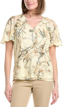 Anne Klein Ruffle V-Neck Printed Chiffon Blouse
