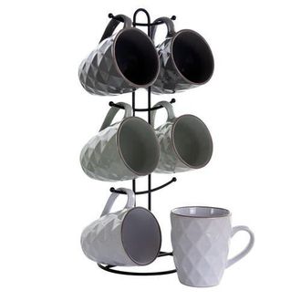 Elama Diamond Waves 6-Piece 12 oz. Mug Set with Stand in White at Nordstrom