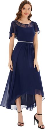 Ever-pretty Womens Elegant Round Neck Short Sleeve Chiffon Lace Bridesmaid Evening Dresses Dark Blue 30UK