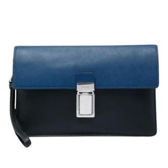 Prada Pre-owned Saffiano Clutch - Dames - Pre-owned - Blauw - Maat: ONE Size Leer