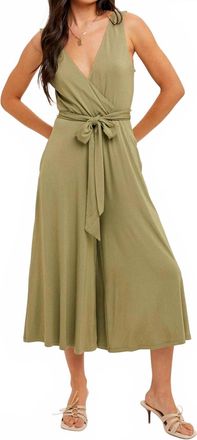 Hem & Thread Surplice Neck Belted Wide Leg Jumpsuit In Aloe