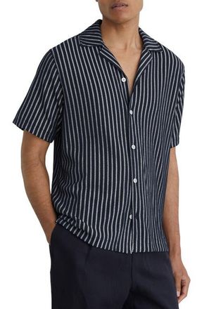 Reiss Griff Stripe Camp Shirt in Navy/White at Nordstrom, Size Xx-Large