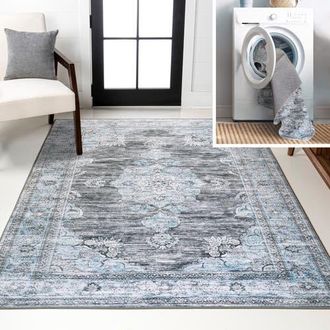 Jonathan Y Designs Bausch Bohemian Distressed Chenille Machine-Washable Area Rug in Dark Gray/blue at Nordstrom, Size 2Ft 0In X 8Ft 0In