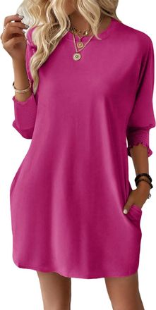 Dokotoo Womens Dresses Summer Fashion 3/4 Sleeve Elastic Smocked Crewneck with Pockets Solid Color Spring Casual Womens Mini Dress Rose Red 2XL