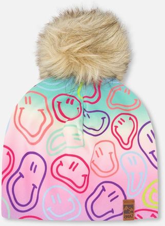 Deux par Deux Stretch Jersey Hat Printed Smileys with Pompom in Multicolored Printed Smileys at Nordstrom, Size 12-24 M
