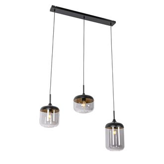 QAZQA Dise&ntilde;o L&aacute;mpara Colgante De Dise&ntilde;o Negra Con Cristal Dorado Y Ahumado 3-luces - Kyan Vidrio /acero Alargada Adecuado Para Led Max. 3 X 40 Watt - Qazqa