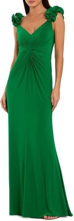 Mac Duggal Jersey V Neck Gown With 3D Flower Straps in Spring Green at Nordstrom, Size X-Small