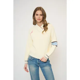 Central Park West Parker Crossover Neck Sweater in Ivory Combo at Nordstrom, Size Medium