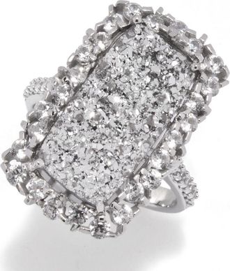 Muse Sterling Silver 18x9mm Drusy & White Zircon Elongated Ring